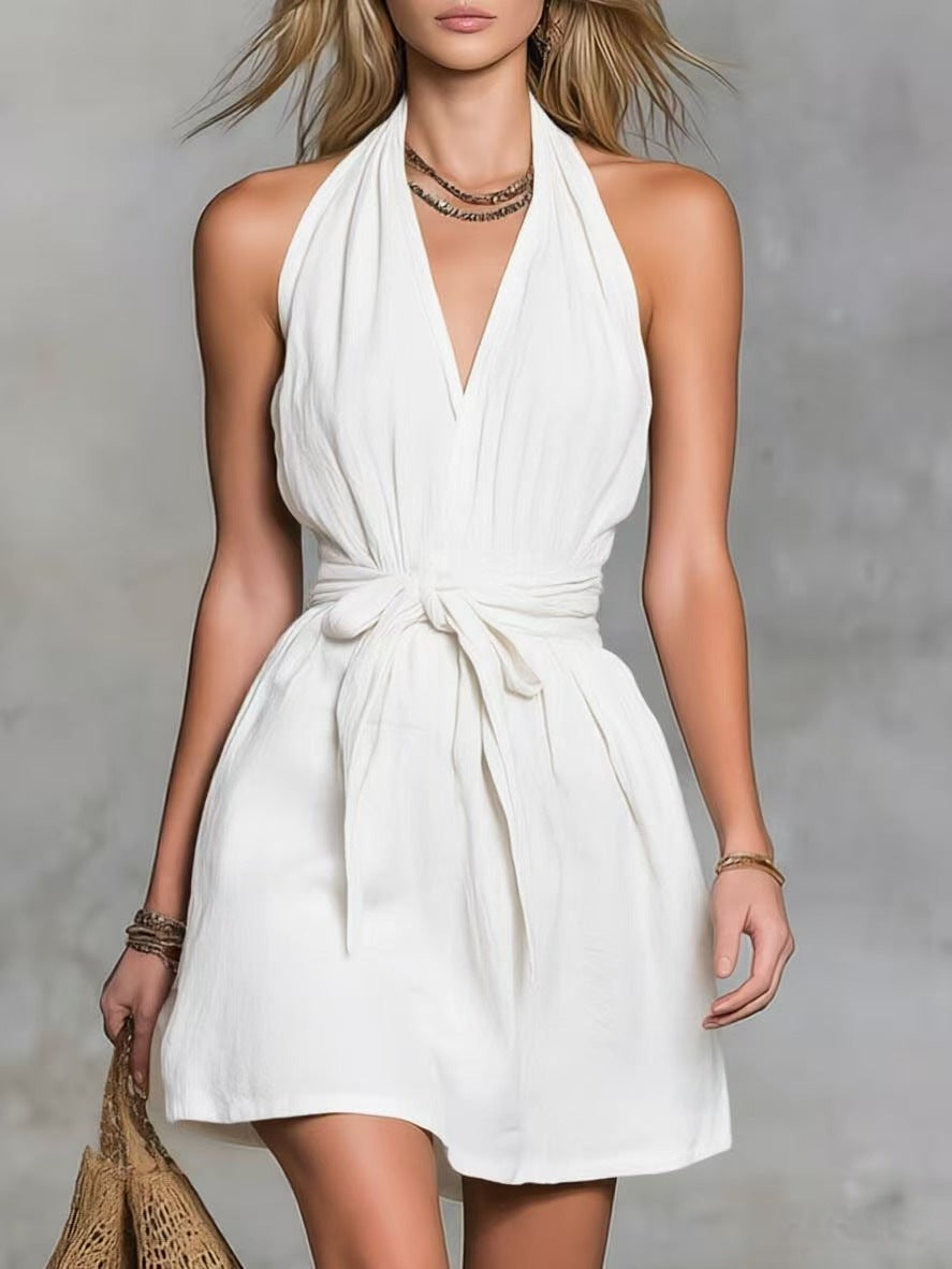 2026 Summer New Arrival European and American Cross-border Independent Website Halter Neck V-neck Slim Waist Tie Casual Vacation Women's Dress