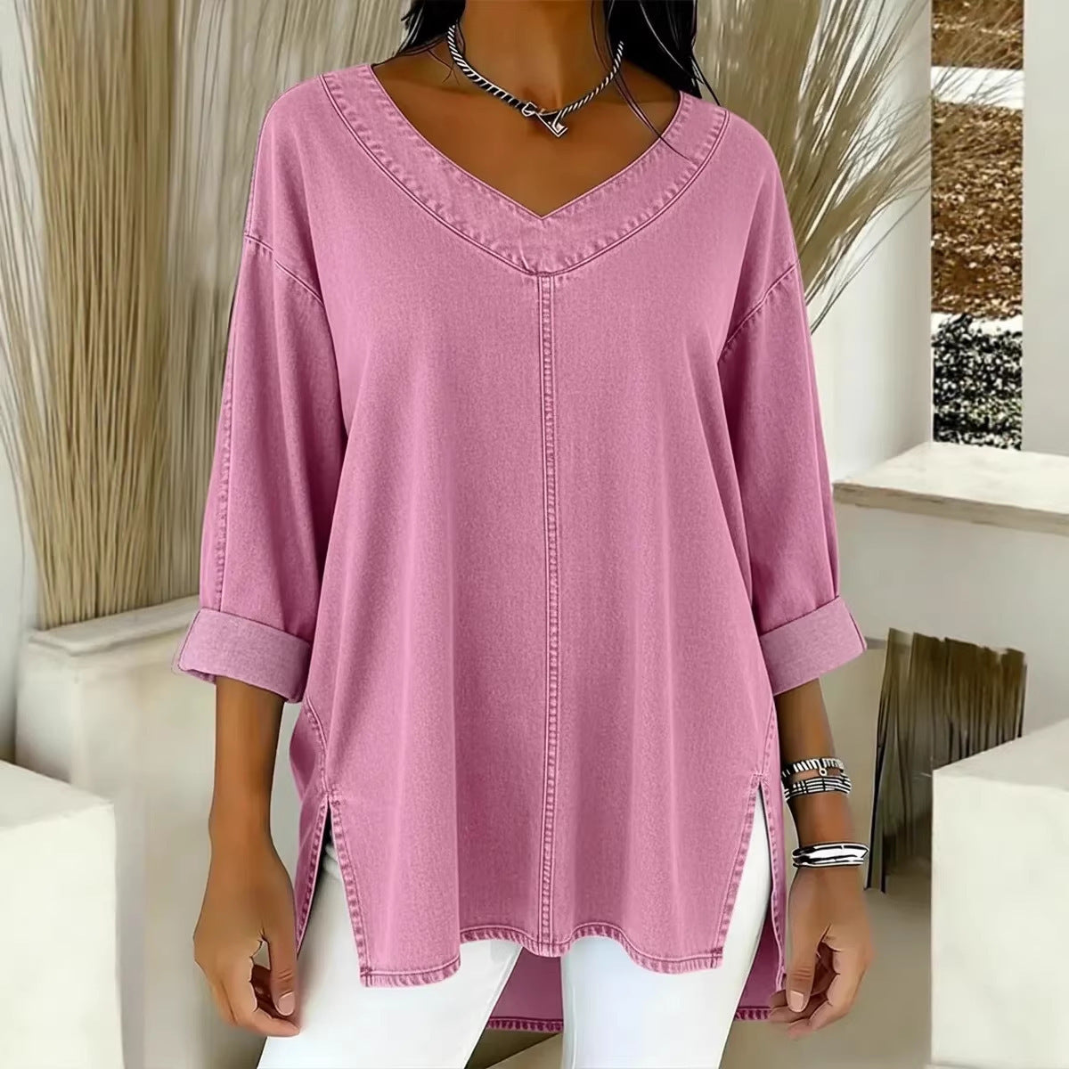 2026 Spring New Arrival European and American Cross-Border Women's Street Fashion Denim V-Neck Top