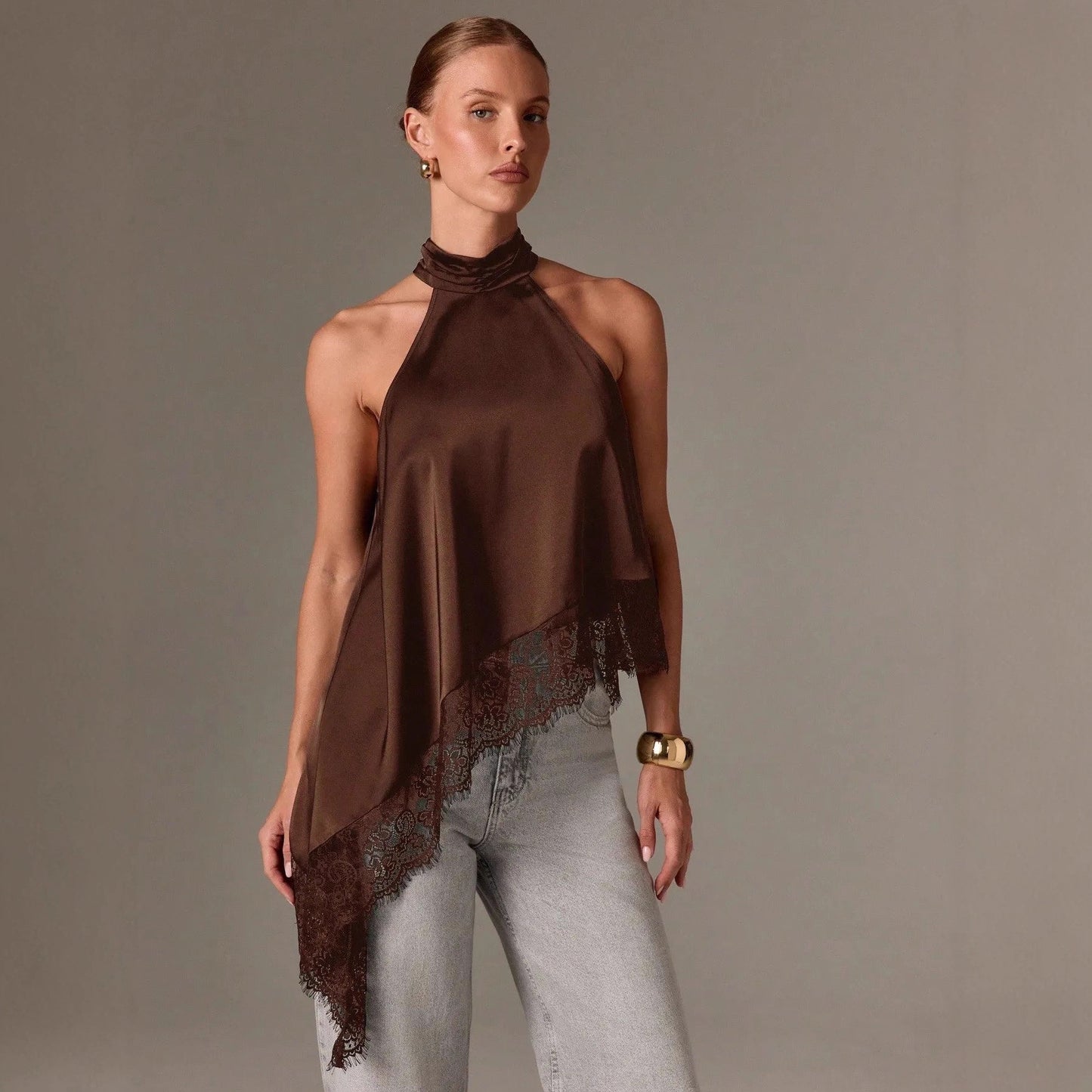 New Cross-Border Women's Sleeveless Lace Trim Asymmetrical Halter Neck Satin Vest in 15 Colors