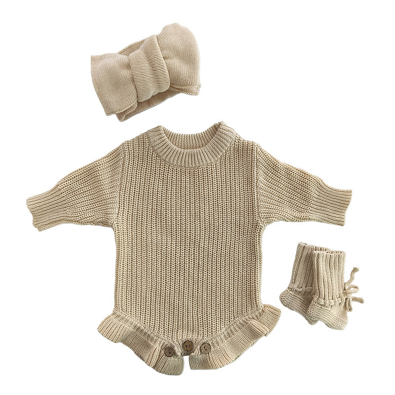Handmade Embroidered Custom Letter Baby Autumn Warm Bodysuit Romper Knit Sweater Crawling Suit