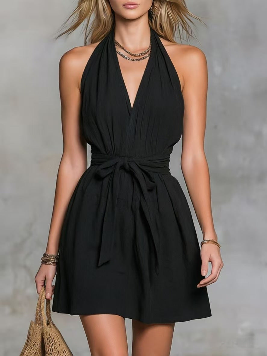 2026 Summer New Arrival European and American Cross-border Independent Website Halter Neck V-neck Slim Waist Tie Casual Vacation Women's Dress