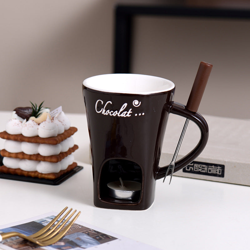 Ceramic Chocolate Cup, Hot Pot Steamer Swiss Ice Cream Hot Pot Cup, Cheese Hot Pot Cup with Fork