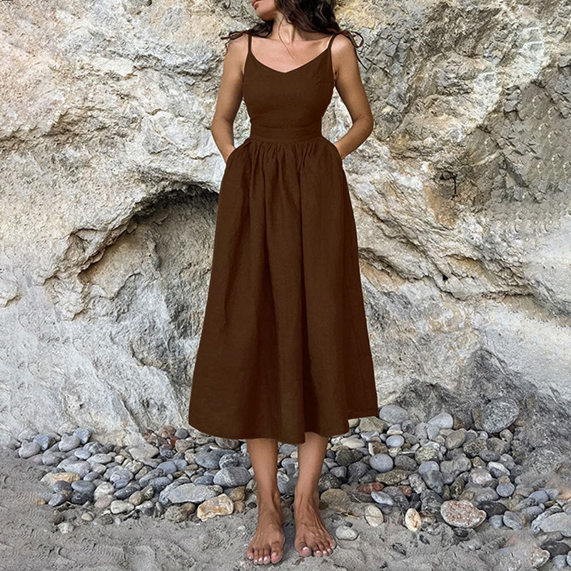 2026 European and American Women's Backless Elegant Mori Style Sexy V-Neck High Waist Fashion Suspender Dress