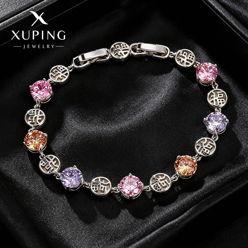 Xuping Gemstone Series Fashionable and Light Luxury "Fu" Character Patchwork Bracelet with Geometric Round Zircon Buckle, Elegant Jewelry