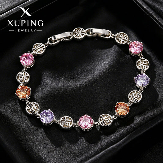 Xuping Gemstone Series Fashionable and Light Luxury "Fu" Character Patchwork Bracelet with Geometric Round Zircon Buckle, Elegant Jewelry