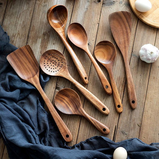 Teak Cooking Set, Acacia Wood Kitchenware, Long Handle Spatula, Vegetable Spatula, Solid Wood Spatula, Spoon Fork, Non-stick Pan, Kitchen 10 Piece Set