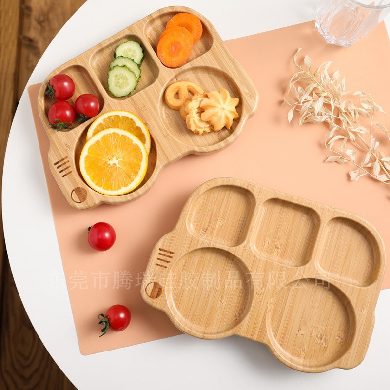 Cute Cartoon Children's Divided Dining Tray, Baby Eating Suction Cup Anti-Fall Bamboo Wooden Dining Tray, Baby Food Tableware