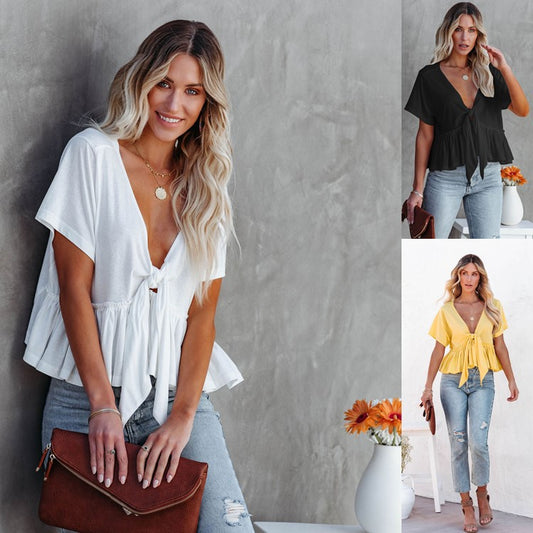 2026 Summer New Arrival European and American Cross-border Women's Clothing Solid Color Patchwork Loose Short-sleeved Tie-up Ruffle Top