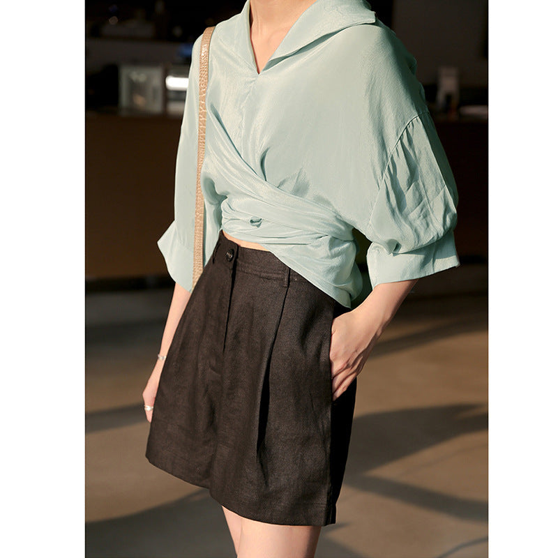 Old Qian Feng Linen Shorts for Women, Summer Slimming Linen and Cotton Style, Breathable Wide-leg High-waisted Casual Commuter Linen Pants