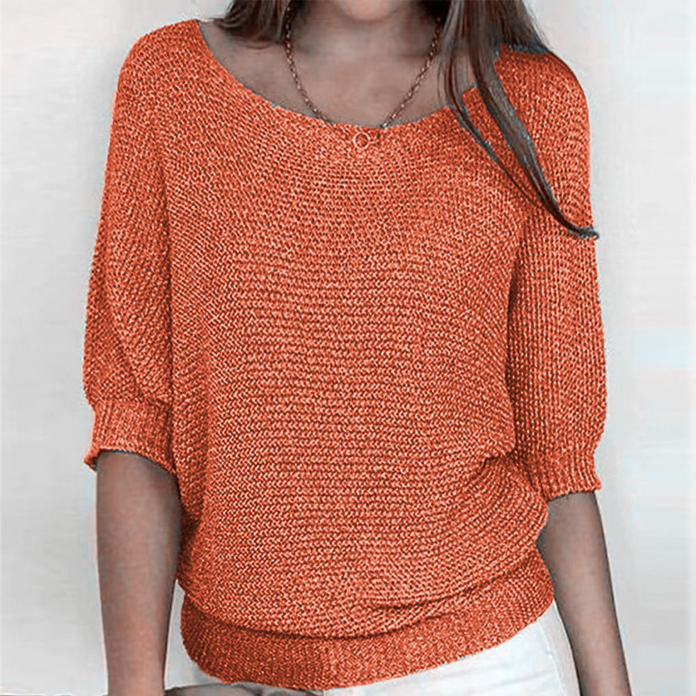 2026 New Russian Solid Color Crew Neck Knitted Top Women's Three-Quarter Sleeve Top Air Conditioning Shirt In Stock