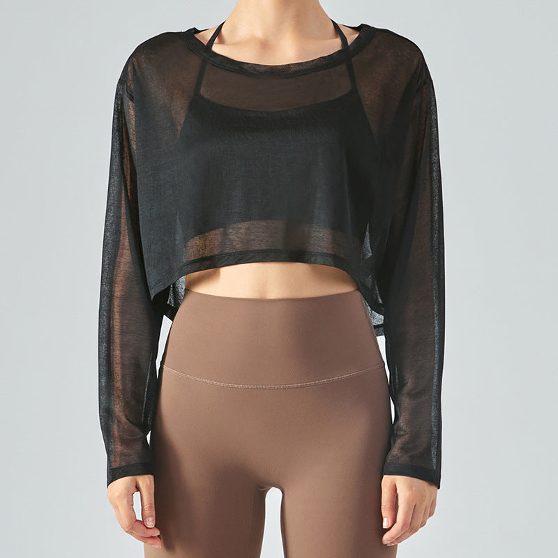 Yoga Blouse Women's Loose Fitness Top Light Jacket Light and Breathable Mesh Yarn Round Neck Spring and Summer Long-sleeved Yoga Clothing