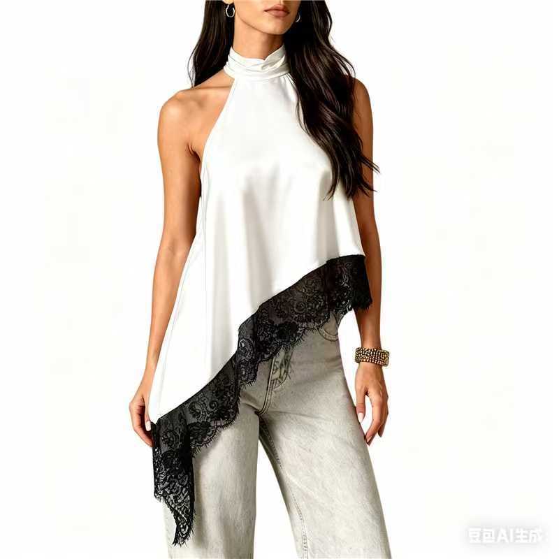 New Cross-Border Women's Sleeveless Lace Trim Asymmetrical Halter Neck Satin Vest in 15 Colors