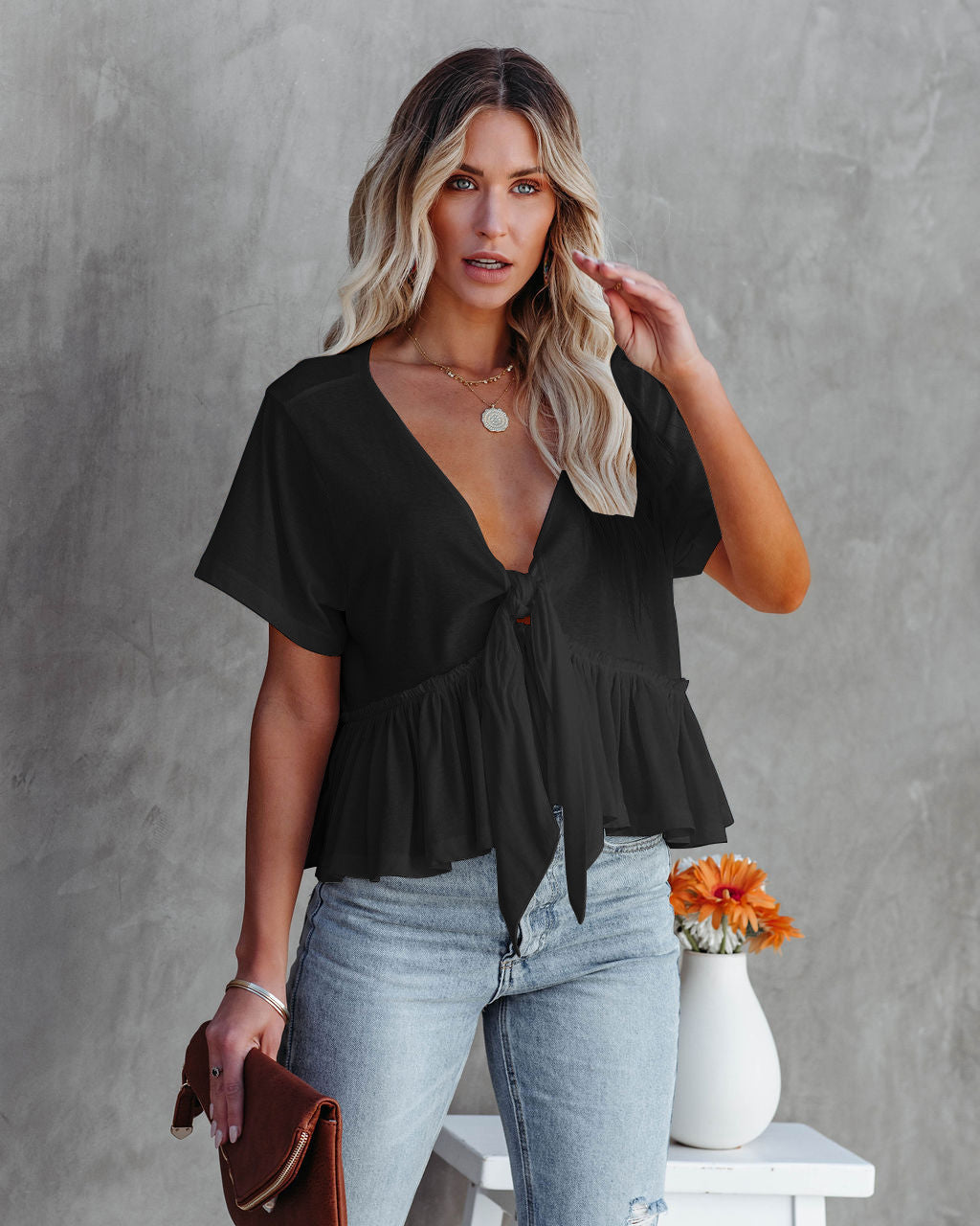 2026 Summer New Arrival European and American Cross-border Women's Clothing Solid Color Patchwork Loose Short-sleeved Tie-up Ruffle Top