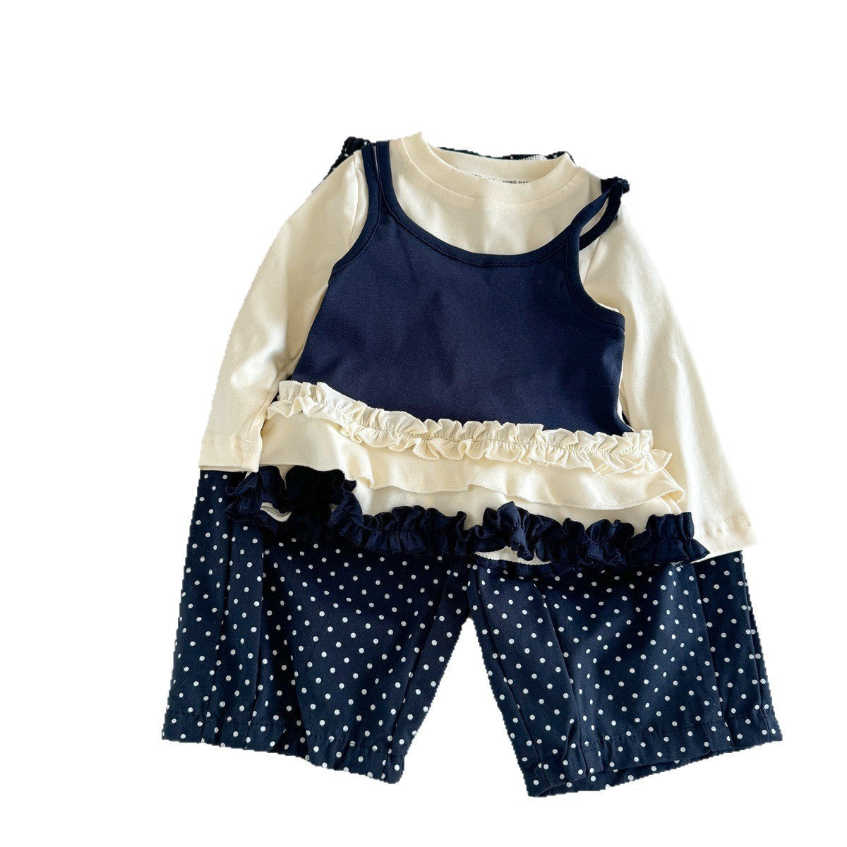 Girls' Spring and Autumn 2026 New Style Sweet Lace Faux Two-Piece Top and Floral Wide-Leg Pants Set