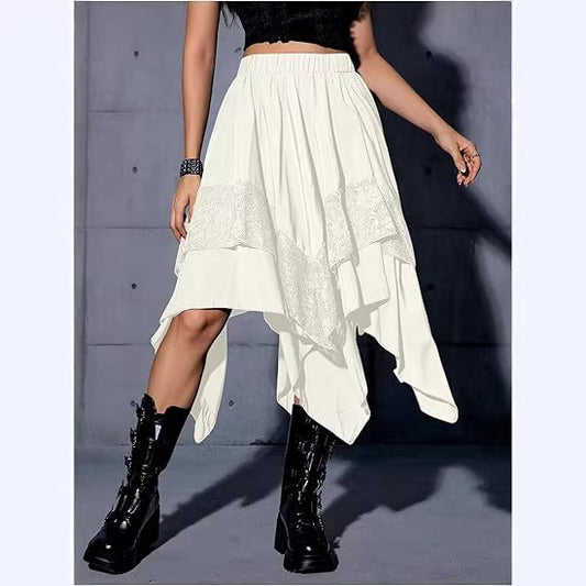 2026 European and American style large skirt Halloween literary retro patchwork lace midi skirt irregular women's skirt
