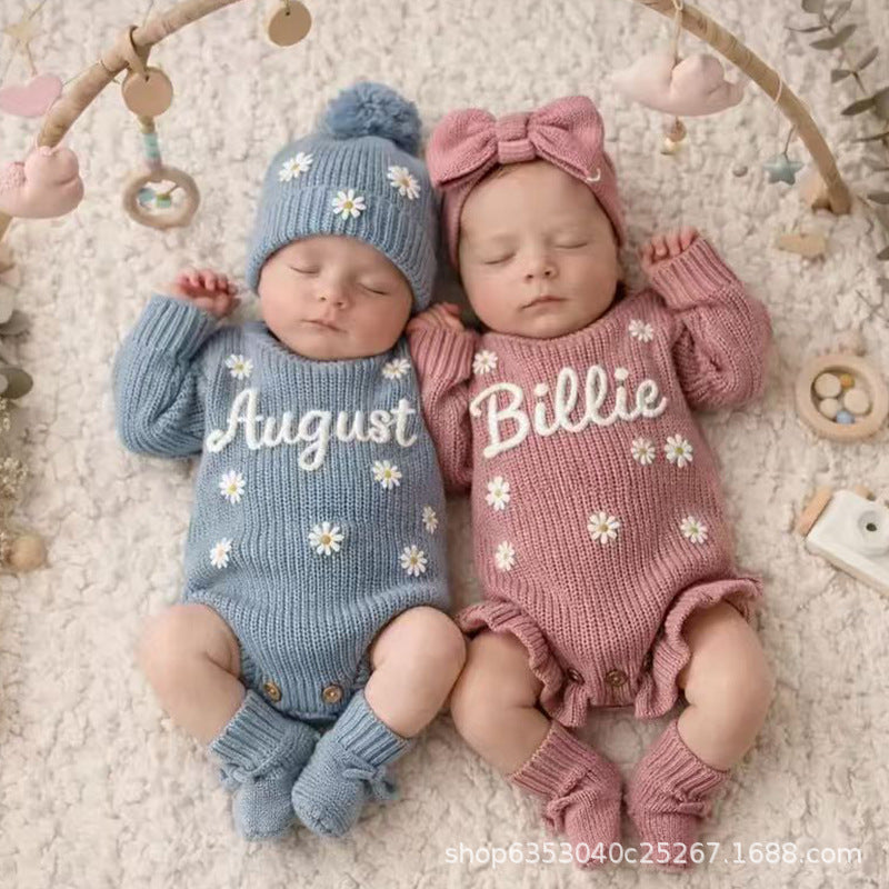 Handmade Embroidered Custom Letter Baby Autumn Warm Bodysuit Romper Knit Sweater Crawling Suit