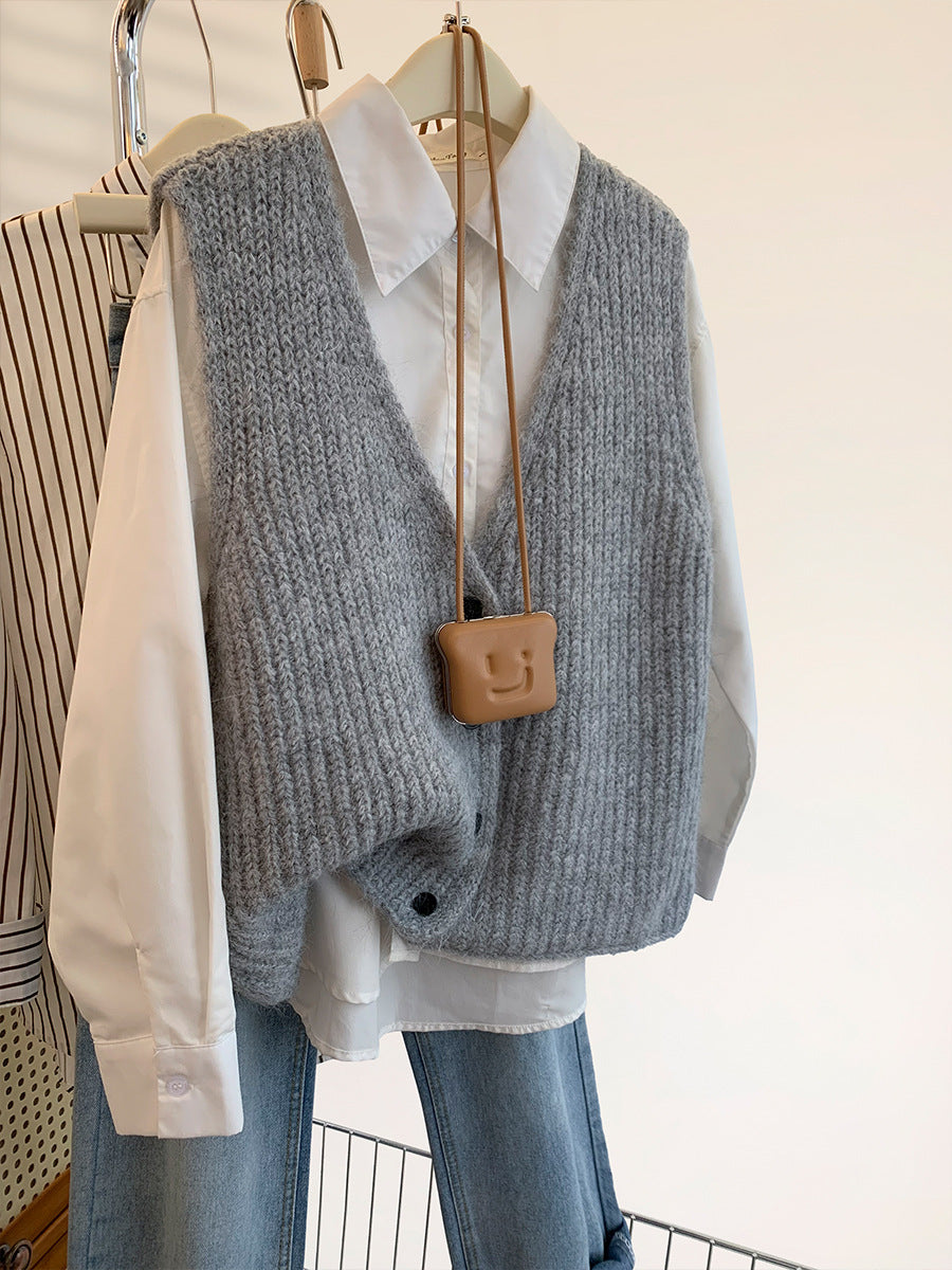 Grey V-neck Knitted Vest for Women, Winter Outerwear Layering Cardigan Sweater Trendy