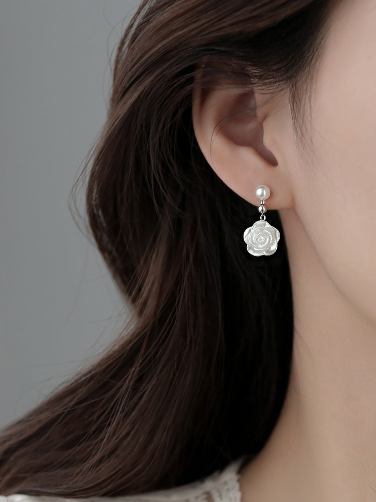925 Silver Needle Camellia Earrings Women New Earrings Light Luxury Niche Design Earrings Summer