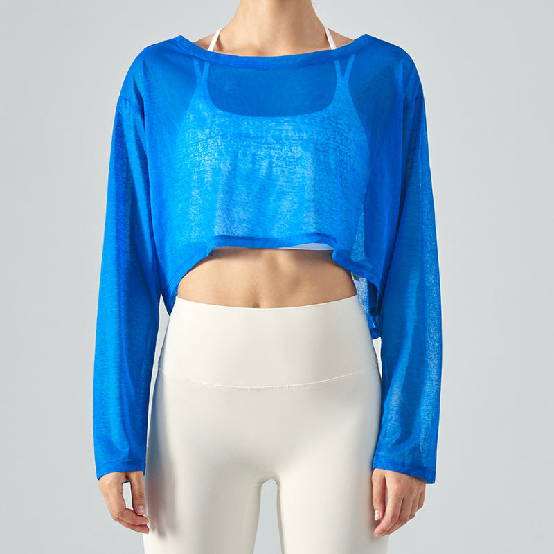 Yoga Blouse Women's Loose Fitness Top Light Jacket Light and Breathable Mesh Yarn Round Neck Spring and Summer Long-sleeved Yoga Clothing