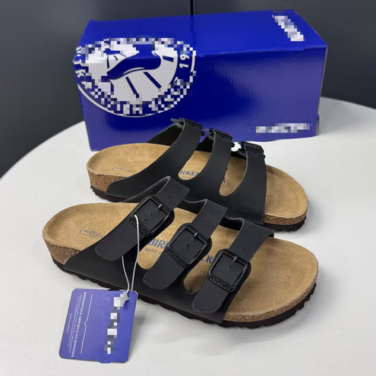 2026 New Genuine Leather Retro Style Birkenstock Shoes Women's Open-Toe Slingback Sandals with Three Rows of Square Buckles and Thick Sole Casual Sandals
