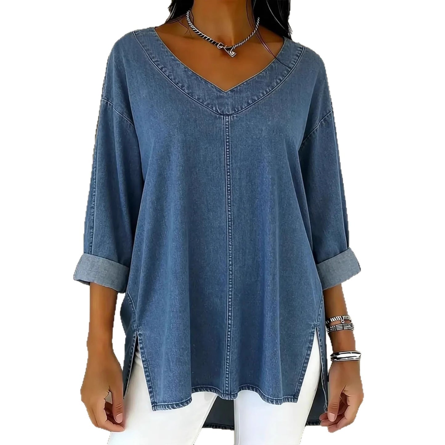2026 Spring New Arrival European and American Cross-Border Women's Street Fashion Denim V-Neck Top