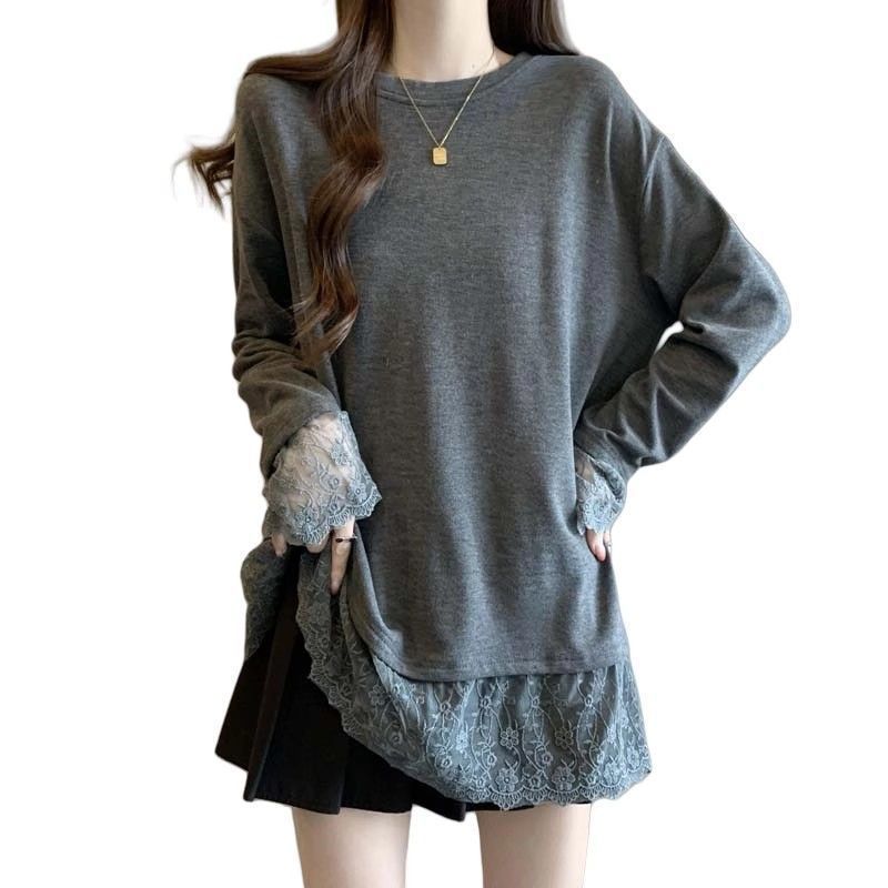 Plus-size, Relaxed Style Lace Trim Long-sleeved T-shirt for Women, New Spring Style, Loose Fit, Slimming and Flattering