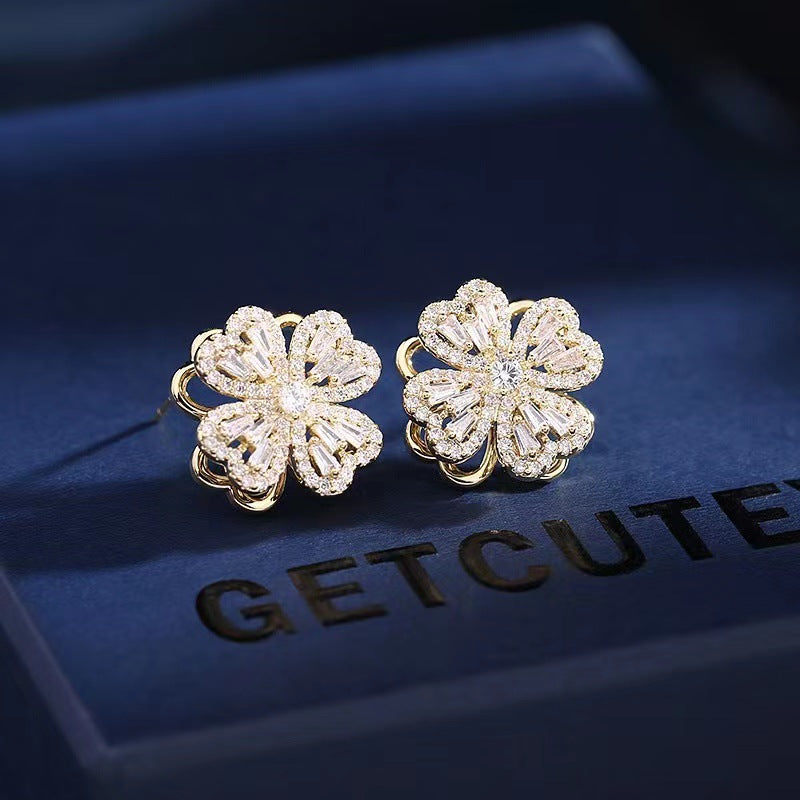 Internet celebrity's same style Shilairun rotatable four-leaf clover pendant 925 silver needle earrings ring rotating necklace set