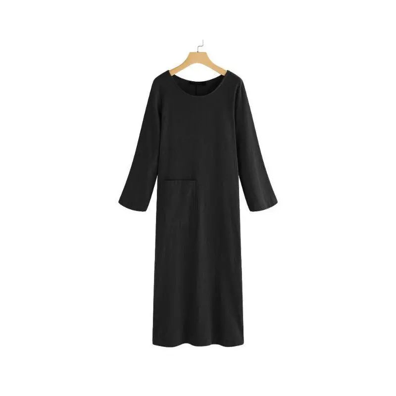 Retro Cotton Linen Long-sleeved Solid Color Plus Size Dress, New Spring and Autumn Style with Pocket Design