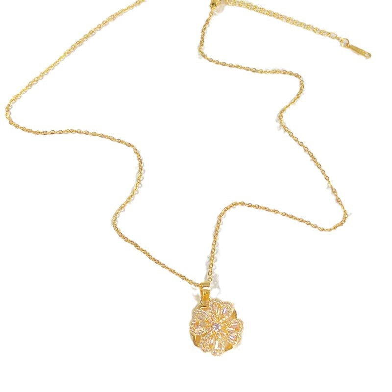 Internet celebrity's same style Shilairun rotatable four-leaf clover pendant 925 silver needle earrings ring rotating necklace set