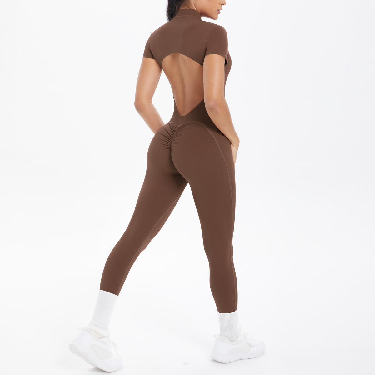 New Cross-border European and American Style Tight-fitting Backless Hollowed-out Short-sleeved Long Pants Bodysuit for Sports Running Fitness Yoga