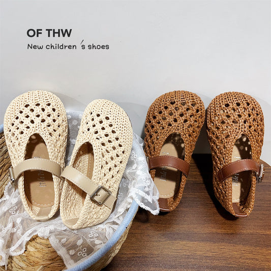 2026 Summer Style Woven Closed-Toe Girls' Fishnet Shoes, Hollowed-Out Breathable Infant Roman Sandals, Children's Simple Sandals