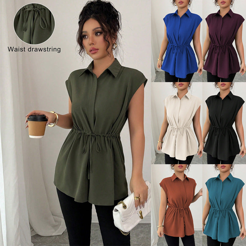 2026 Cross-border E-commerce, European and American Amazon Fashion Loose Waist Belt Single-breasted Solid Color Polo Collar Women's Short-sleeved Top