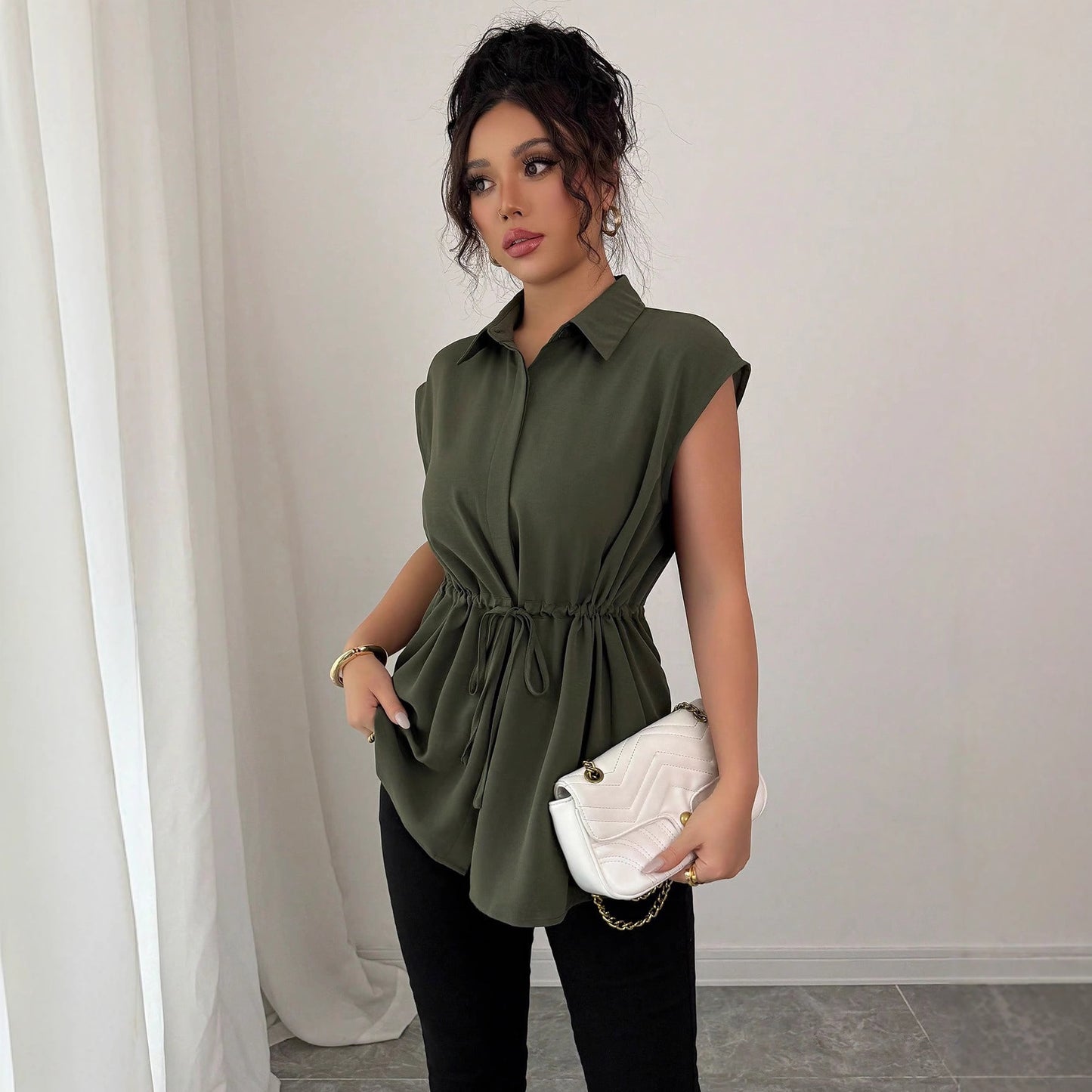 2026 Cross-border E-commerce, European and American Amazon Fashion Loose Waist Belt Single-breasted Solid Color Polo Collar Women's Short-sleeved Top
