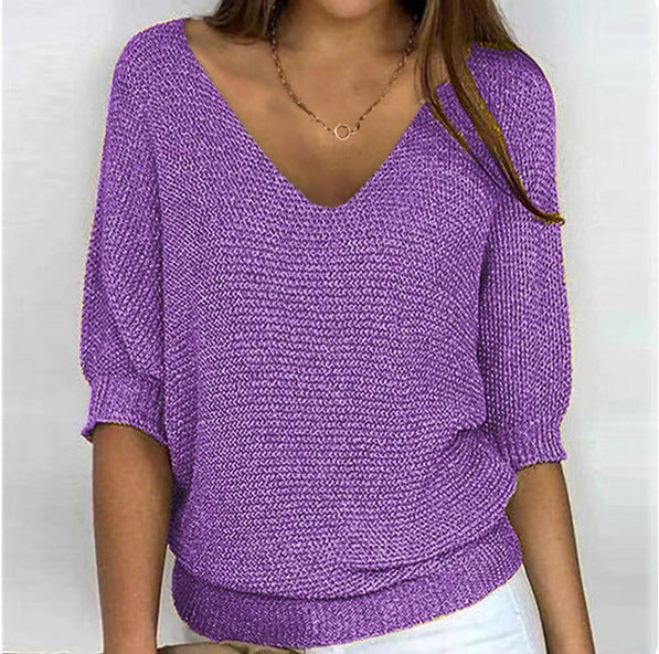 2026 New Russian Solid Color Crew Neck Knitted Top Women's Three-Quarter Sleeve Top Air Conditioning Shirt In Stock
