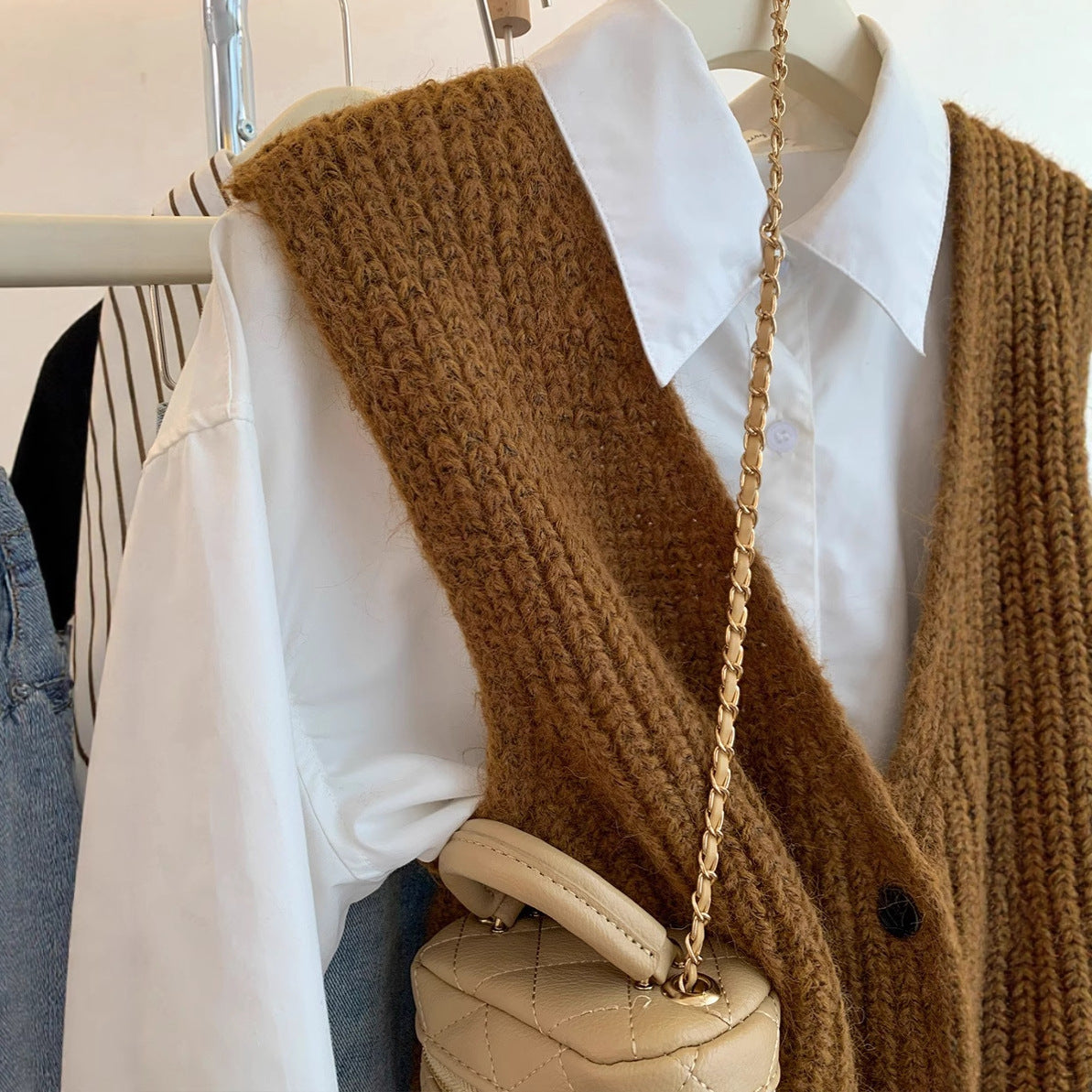 Grey V-neck Knitted Vest for Women, Winter Outerwear Layering Cardigan Sweater Trendy