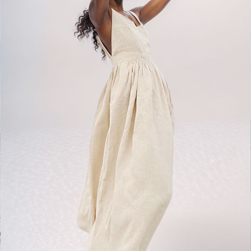 2026 European and American Women's Backless Elegant Mori Style Sexy V-Neck High Waist Fashion Suspender Dress