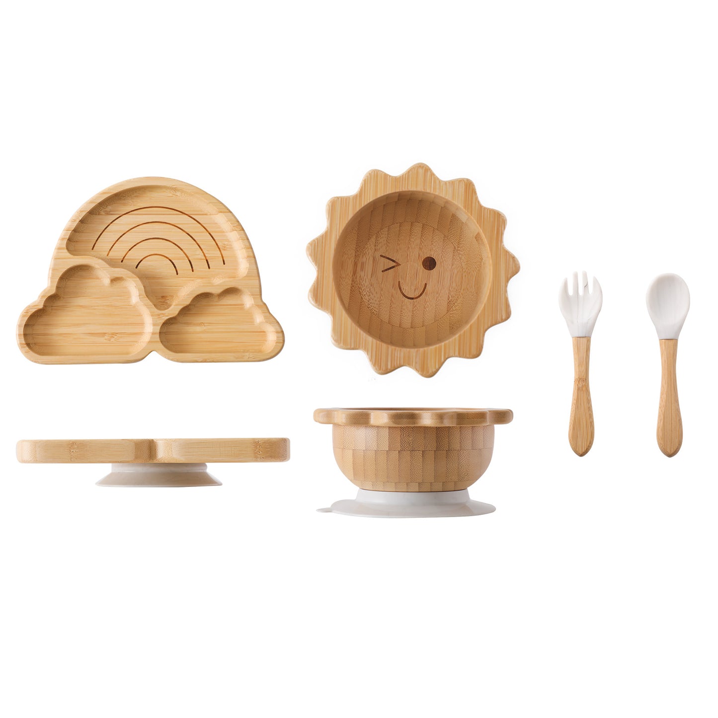 Cute Cartoon Children's Divided Dining Tray, Baby Eating Suction Cup Anti-Fall Bamboo Wooden Dining Tray, Baby Food Tableware