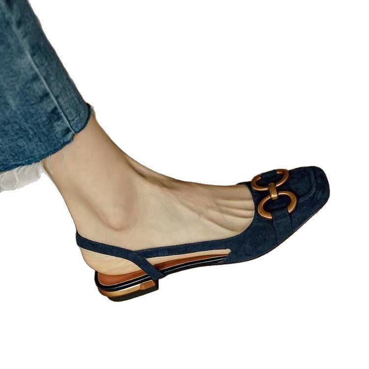 Summer New French Low-Heel Closed-Toe Slip-On Buckle Sandals, Plus Size European and American Style Women's Shoes (Export)