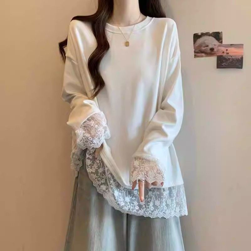 Plus-size, Relaxed Style Lace Trim Long-sleeved T-shirt for Women, New Spring Style, Loose Fit, Slimming and Flattering