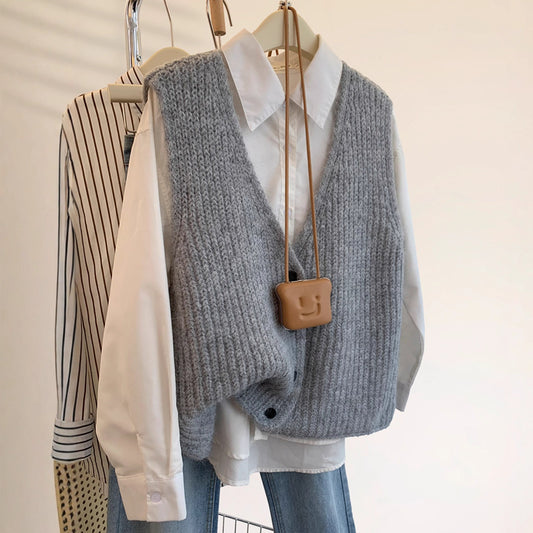 Grey V-neck Knitted Vest for Women, Winter Outerwear Layering Cardigan Sweater Trendy