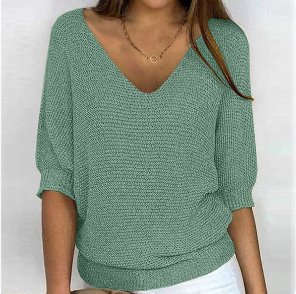 2026 New Russian Solid Color Crew Neck Knitted Top Women's Three-Quarter Sleeve Top Air Conditioning Shirt In Stock