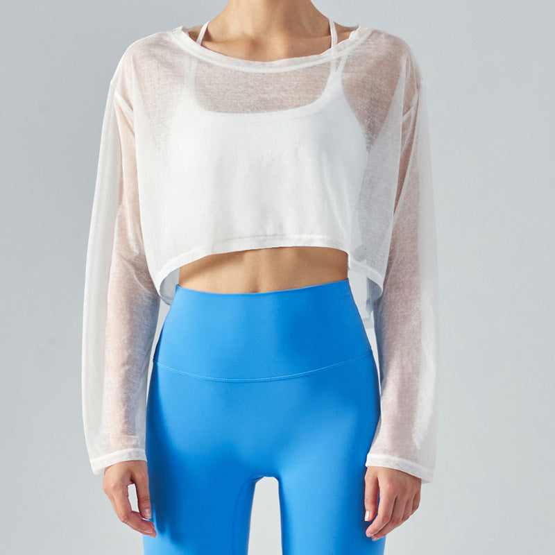 Yoga Blouse Women's Loose Fitness Top Light Jacket Light and Breathable Mesh Yarn Round Neck Spring and Summer Long-sleeved Yoga Clothing