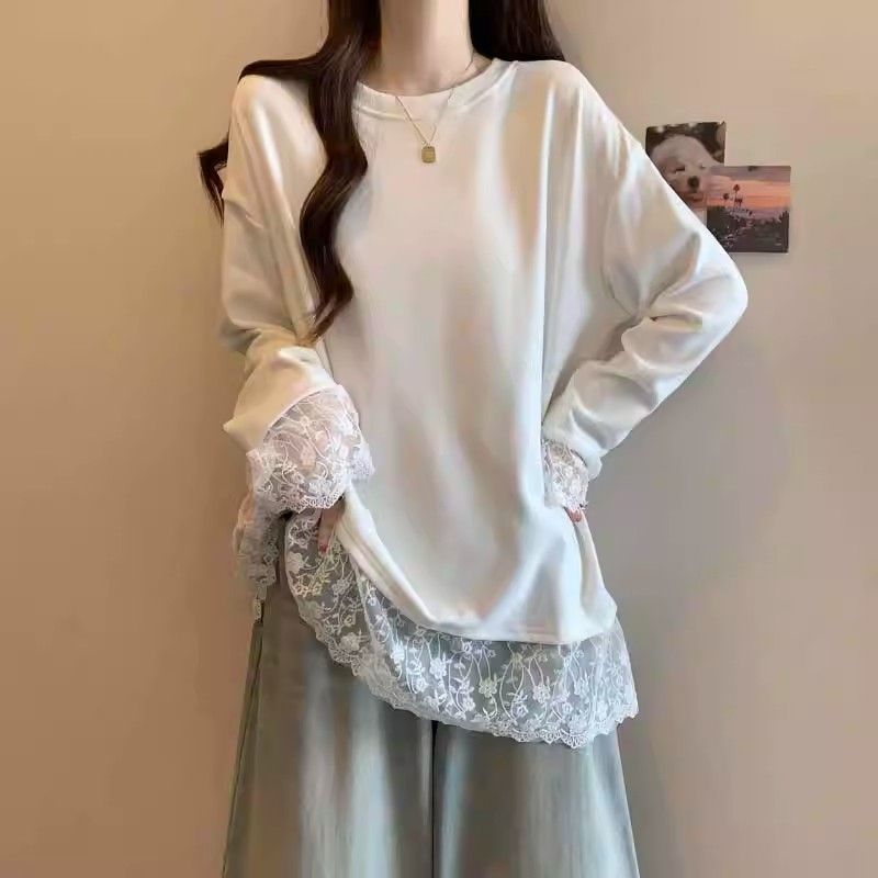 Plus-size, Relaxed Style Lace Trim Long-sleeved T-shirt for Women, New Spring Style, Loose Fit, Slimming and Flattering