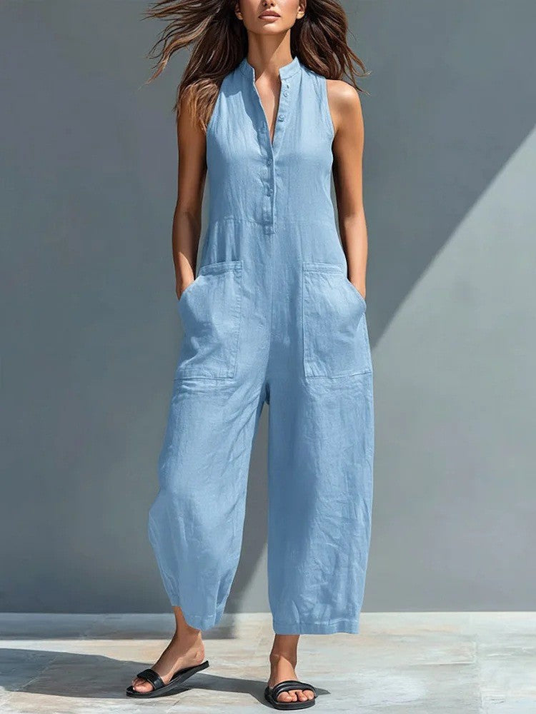 2026 Casual Women's Sleeveless Stand Collar Pocket Jumpsuit
