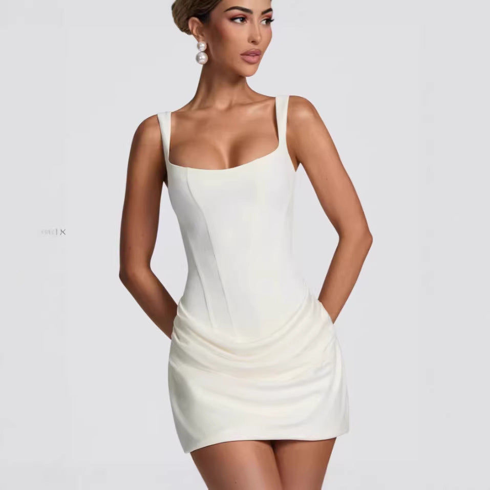 2026 New Arrival: French-Style Sexy Square Neck Sleeveless Bodycon Short Dress with Tie-Waist
