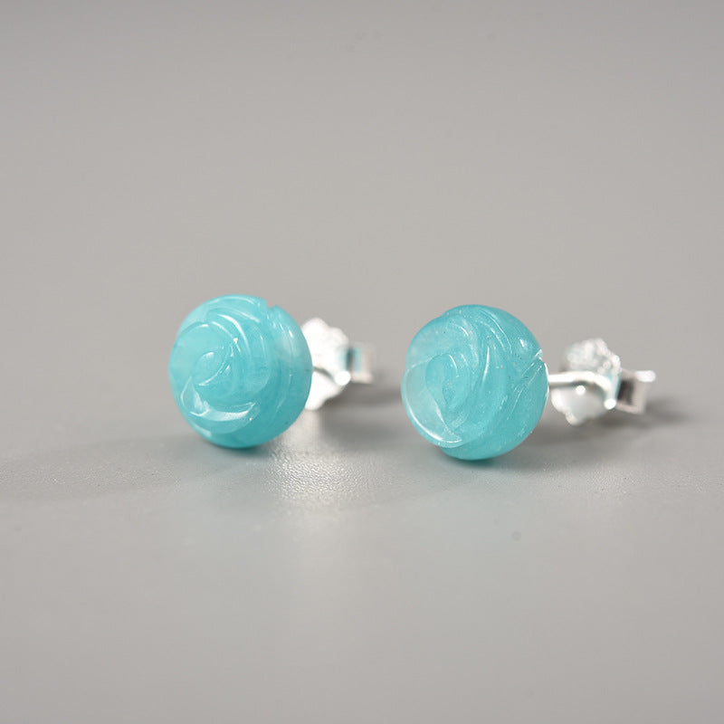 Three-dimensional rose natural crystal S925 women's earrings minimalist creative handmade amazonite earrings