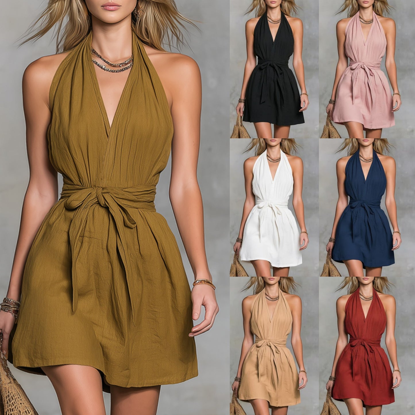 2026 Summer New Arrival European and American Cross-border Independent Website Halter Neck V-neck Slim Waist Tie Casual Vacation Women's Dress