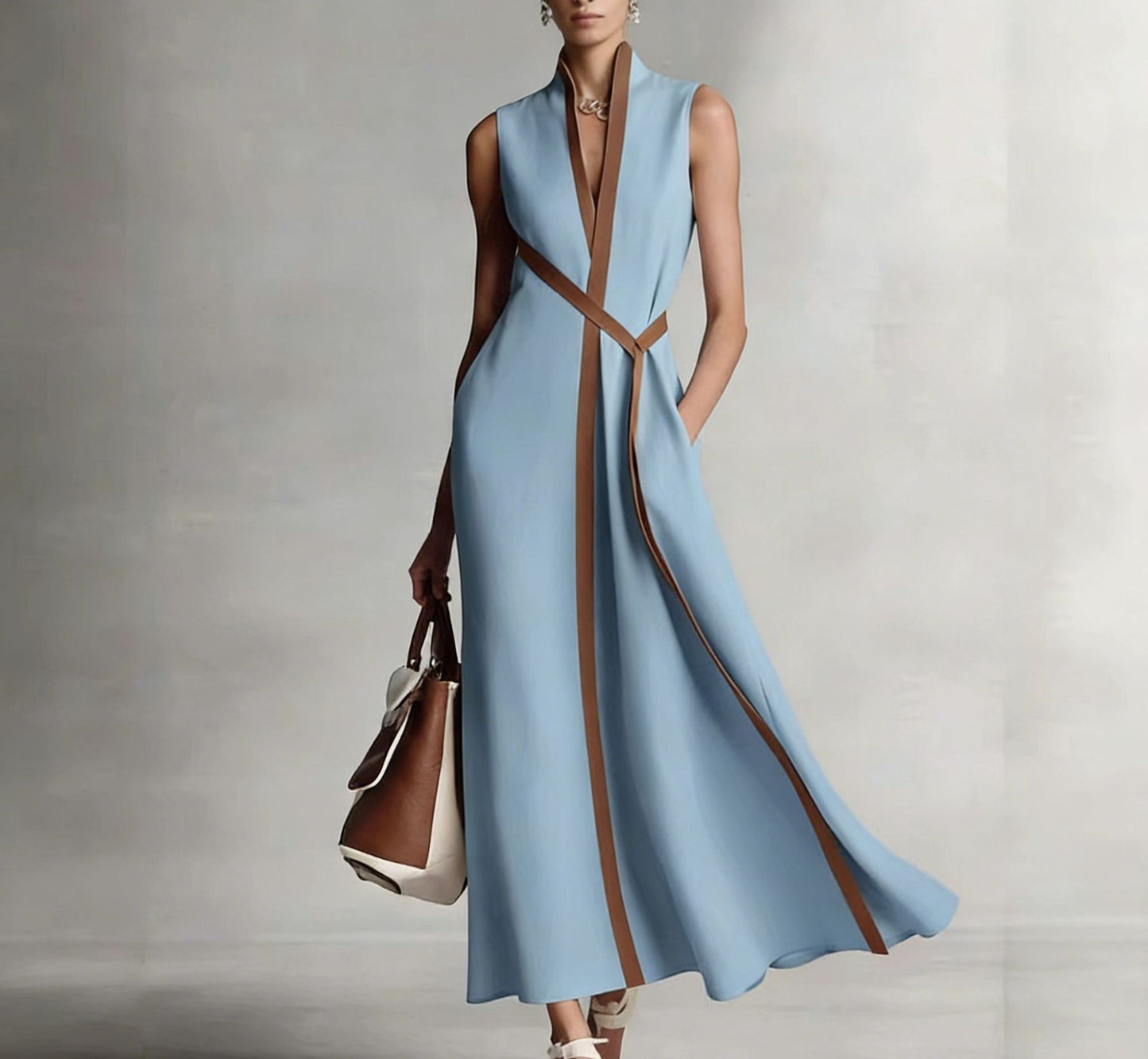 2026 Summer New Arrival Stand Collar Sleeveless Casual Color Block Loose Dress