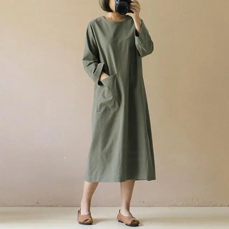Retro Cotton Linen Long-sleeved Solid Color Plus Size Dress, New Spring and Autumn Style with Pocket Design