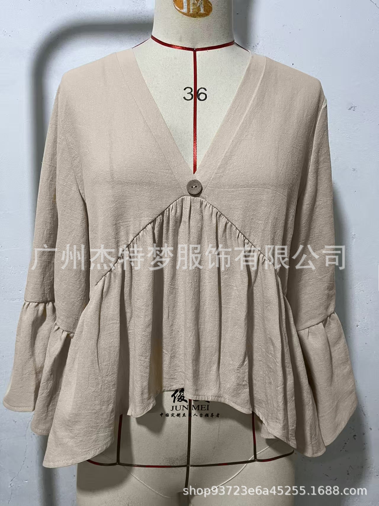2026 European and American cross-border women's clothing, spring/summer new style, solid color V-neck ruffle sleeve cotton top for women.